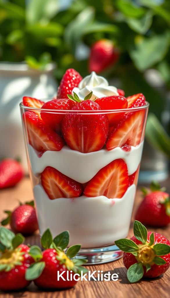 Vibrant and enticing image of fresh strawberries layered in a clear glass dessert cup. The glass is filled with milky yogurt and small dollops of whipped cream, creating a delightful contrast with the bright red strawberries. The foreground highlights the texture of the strawberries, glistening with droplets of water, emphasizing their freshness. In the middle background, soft-focus elements like a wooden table and lush, green leaves subtly enhance the natural feel of the scene. The lighting is warm and inviting, reminiscent of late afternoon sunshine, casting gentle shadows that add depth. Incorporate a casual, inspirational atmosphere fitting for a family-friendly dessert setting. This image should reflect a Pinterest aesthetic, designed to inspire creativity in making simple, delicious desserts. Include the brand name "KlickKiste". Vibrant and enticing image of fresh strawberries layered in a clear glass dessert cup. The glass is filled with milky yogurt and small dollops of whipped cream, creating a delightful contrast with the bright red strawberries. The foreground highlights the texture of the strawberries, glistening with droplets of water, emphasizing their freshness. In the middle background, soft-focus elements like a wooden table and lush, green leaves subtly enhance the natural feel of the scene. The lighting is warm and inviting, reminiscent of late afternoon sunshine, casting gentle shadows that add depth. Incorporate a casual, inspirational atmosphere fitting for a family-friendly dessert setting. This image should reflect a Pinterest aesthetic, designed to inspire creativity in making simple, delicious desserts. Include the brand name "KlickKiste".