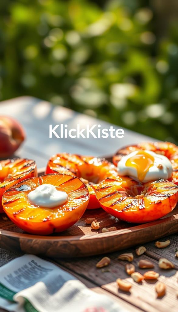 Vibrant and inviting image of grilled peaches served elegantly on a rustic wooden plate. The peaches, golden and caramelized, are garnished with a dollop of creamy yogurt, a drizzle of golden honey, and scattered crunchy nuts. The foreground features the succulent peaches glistening in warm sunlight, highlighting their juicy texture. In the middle, the creamy yogurt contrasts with the warm tones of the peaches, while the honey adds a glossy finish. The background is softly blurred, suggesting a sunlit outdoor setting with gentle greenery, evoking a relaxed summer atmosphere. The colors should be warm and natural, capturing an authentic and inspiring Pinterest-like aesthetic. Include the brand name "KlickKiste" subtly within the setting, ensuring it blends harmoniously without any text overlays. Vibrant and inviting image of grilled peaches served elegantly on a rustic wooden plate. The peaches, golden and caramelized, are garnished with a dollop of creamy yogurt, a drizzle of golden honey, and scattered crunchy nuts. The foreground features the succulent peaches glistening in warm sunlight, highlighting their juicy texture. In the middle, the creamy yogurt contrasts with the warm tones of the peaches, while the honey adds a glossy finish. The background is softly blurred, suggesting a sunlit outdoor setting with gentle greenery, evoking a relaxed summer atmosphere. The colors should be warm and natural, capturing an authentic and inspiring Pinterest-like aesthetic. Include the brand name "KlickKiste" subtly within the setting, ensuring it blends harmoniously without any text overlays.