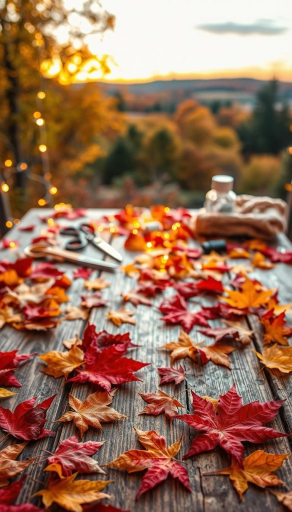 Vibrant autumn leaves ("herbstblätter") scattered artistically across a rustic wooden table. In the foreground, a rich tapestry of reds, oranges, and yellows, depicting various leaf shapes and sizes, some dried and textured. The middle ground features crafting tools, like scissors and glue, hinting at DIY projects, surrounded by twinkling fairy lights that cast a warm, inviting glow. In the background, softly blurred, is a glimpse of an autumn landscape filled with colorful trees under a golden hour sky, enhancing the cozy atmosphere. The scene captures an authentic and inspiring essence, ideal for a Pinterest aesthetic. Ensure the style embodies a natural DIY look, branded subtly with "KlickKiste."