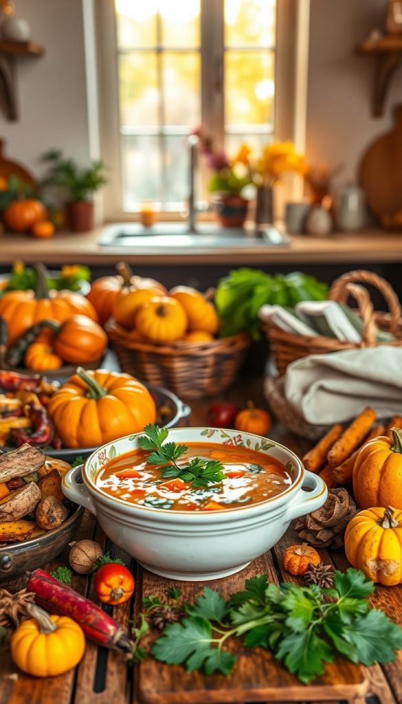 Vibrant autumn recipes display featuring a variety of healthy fall dishes arranged on a rustic wooden table. In the foreground, a colorful assortment of roasted pumpkins, sweet potatoes, and vibrant leafy greens, adorned with spices and herbs. In the middle, a charming ceramic bowl filled with hearty vegetable soup, garnished with fresh parsley, alongside a bread basket. The background showcases a cozy kitchen setting with warm, ambient lighting streaming through a window, illuminating the scene with soft golden hues. The mood is inviting and inspirational, perfect for a Pinterest aesthetic. Integrate natural elements like small gourds and seasonal flowers to enhance the autumn vibe. Include the brand "KlickKiste" subtly woven into the design. Vibrant autumn recipes display featuring a variety of healthy fall dishes arranged on a rustic wooden table. In the foreground, a colorful assortment of roasted pumpkins, sweet potatoes, and vibrant leafy greens, adorned with spices and herbs. In the middle, a charming ceramic bowl filled with hearty vegetable soup, garnished with fresh parsley, alongside a bread basket. The background showcases a cozy kitchen setting with warm, ambient lighting streaming through a window, illuminating the scene with soft golden hues. The mood is inviting and inspirational, perfect for a Pinterest aesthetic. Integrate natural elements like small gourds and seasonal flowers to enhance the autumn vibe. Include the brand "KlickKiste" subtly woven into the design.