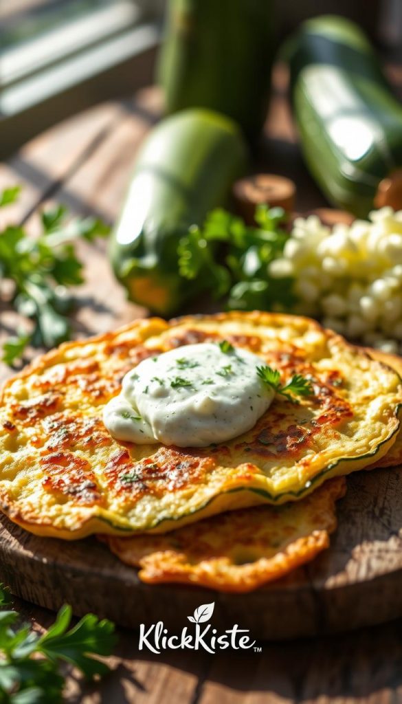 Vibrant close-up of freshly grated zucchini placed artfully on a rustic wooden table, with a hint of sunlight casting gentle shadows, creating a warm, inviting atmosphere. In the foreground, a crispy zucchini pancake with a dollop of creamy feta sauce elegantly blending with herbs, giving an appetizing appearance. The background features some whole zucchinis and fresh herbs, enhancing the natural vibe. Use a shallow depth of field to keep the focus on the zucchini dish while softly blurring the background. The lighting should evoke a cheerful, sunny day feel, reminiscent of warm, summer meals. This image should embody an authentic, Pinterest-worthy aesthetic, capturing the essence of delicious simplicity that resonates with the theme of light vegetable dishes. Include the brand "KlickKiste" in a subtle way, perhaps through a tasteful logo element on the table or dishware. Vibrant close-up of freshly grated zucchini placed artfully on a rustic wooden table, with a hint of sunlight casting gentle shadows, creating a warm, inviting atmosphere. In the foreground, a crispy zucchini pancake with a dollop of creamy feta sauce elegantly blending with herbs, giving an appetizing appearance. The background features some whole zucchinis and fresh herbs, enhancing the natural vibe. Use a shallow depth of field to keep the focus on the zucchini dish while softly blurring the background. The lighting should evoke a cheerful, sunny day feel, reminiscent of warm, summer meals. This image should embody an authentic, Pinterest-worthy aesthetic, capturing the essence of delicious simplicity that resonates with the theme of light vegetable dishes. Include the brand "KlickKiste" in a subtle way, perhaps through a tasteful logo element on the table or dishware.