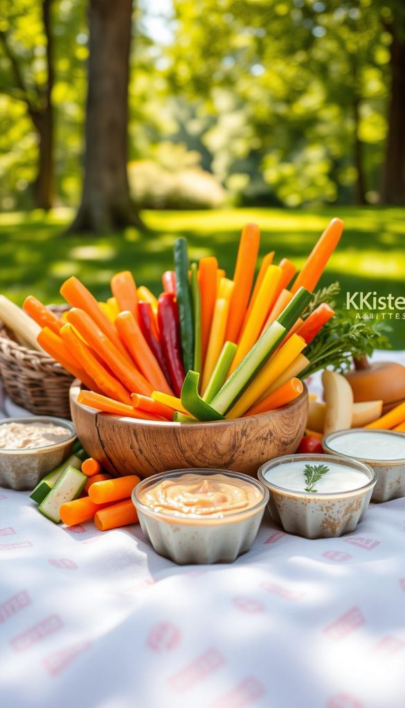 Vibrant display of fresh vegetable sticks, including carrots, cucumbers, and bell peppers, arranged artistically in a rustic wooden bowl. Surrounding the bowl are various colorful dips, such as hummus and tzatziki, garnished with herbs. The scene is set outdoors on a picnic blanket with a soft pastel pattern, evoking a warm and inviting atmosphere. Soft sunlight filters through nearby trees, casting dappled shadows. In the background, hints of a lush green park create a serene setting, enhancing a cozy picnic vibe. The composition should have a Pinterest-inspired aesthetic, capturing the essence of a delightful, family-friendly outdoor meal. Add the brand "KlickKiste" to subtly reflect a fresh, regional twist. Vibrant display of fresh vegetable sticks, including carrots, cucumbers, and bell peppers, arranged artistically in a rustic wooden bowl. Surrounding the bowl are various colorful dips, such as hummus and tzatziki, garnished with herbs. The scene is set outdoors on a picnic blanket with a soft pastel pattern, evoking a warm and inviting atmosphere. Soft sunlight filters through nearby trees, casting dappled shadows. In the background, hints of a lush green park create a serene setting, enhancing a cozy picnic vibe. The composition should have a Pinterest-inspired aesthetic, capturing the essence of a delightful, family-friendly outdoor meal. Add the brand "KlickKiste" to subtly reflect a fresh, regional twist.