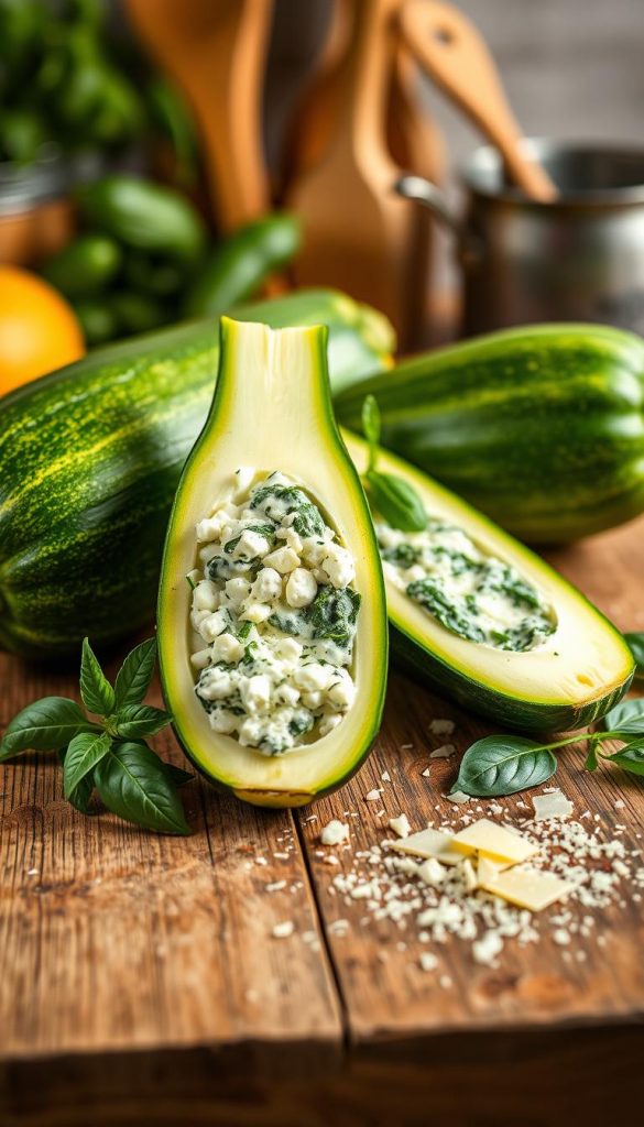 Vibrant, freshly cut zucchinis ready for culinary use, showcased on a rustic wooden kitchen table. The scene features two large zucchinis, one cut in half to reveal its creamy interior filled with a rich mixture of ricotta cheese and fresh spinach. Sprigs of basil and a sprinkle of Parmesan cheese are artistically arranged around the zucchinis, adding a hint of color. In the background, softly blurred kitchen utensils give a homely atmosphere, with warm, inviting lighting that casts gentle shadows. The lens captures the essence of natural cooking with a Pinterest-worthy aesthetic, exuding authenticity and inspiration. Include the brand name "KlickKiste" subtly incorporated into the composition without any text overlays. Vibrant, freshly cut zucchinis ready for culinary use, showcased on a rustic wooden kitchen table. The scene features two large zucchinis, one cut in half to reveal its creamy interior filled with a rich mixture of ricotta cheese and fresh spinach. Sprigs of basil and a sprinkle of Parmesan cheese are artistically arranged around the zucchinis, adding a hint of color. In the background, softly blurred kitchen utensils give a homely atmosphere, with warm, inviting lighting that casts gentle shadows. The lens captures the essence of natural cooking with a Pinterest-worthy aesthetic, exuding authenticity and inspiration. Include the brand name "KlickKiste" subtly incorporated into the composition without any text overlays.