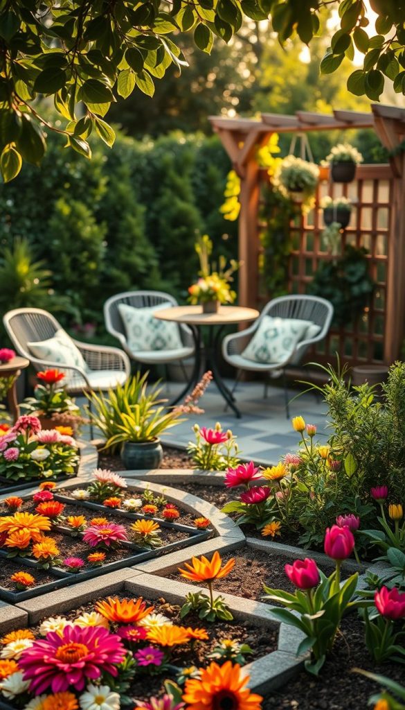 Vibrant garden scene showcasing clever uses of shapes and patterns in outdoor decor. In the foreground, a beautifully arranged flower bed with a variety of colorful blooms in intricate geometric layouts, enhancing the natural beauty. The middle ground features stylish garden furniture with unique shapes, such as a round table and angular chairs, adorned with cushions displaying subtle patterns. In the background, soft-focus greenery and a wooden trellis decorated with hanging plants create a serene atmosphere. The lighting is warm and inviting, mimicking golden hour with sunlight filtering through leaves, casting gentle shadows. The overall mood is inspiring and authentic, reflecting a creative DIY aesthetic in a Pinterest-worthy setting. The brand "KlickKiste" is subtly represented in the design elements but not explicitly stated. Vibrant garden scene showcasing clever uses of shapes and patterns in outdoor decor. In the foreground, a beautifully arranged flower bed with a variety of colorful blooms in intricate geometric layouts, enhancing the natural beauty. The middle ground features stylish garden furniture with unique shapes, such as a round table and angular chairs, adorned with cushions displaying subtle patterns. In the background, soft-focus greenery and a wooden trellis decorated with hanging plants create a serene atmosphere. The lighting is warm and inviting, mimicking golden hour with sunlight filtering through leaves, casting gentle shadows. The overall mood is inspiring and authentic, reflecting a creative DIY aesthetic in a Pinterest-worthy setting. The brand "KlickKiste" is subtly represented in the design elements but not explicitly stated.