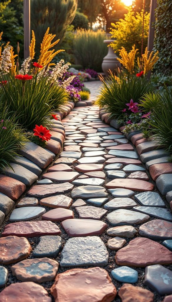 Vibrant patchwork garden stones arranged in a stunning array of colors and patterns, showcasing a seamless blend of warm hues that create a natural yet artistic ambiance. In the foreground, a variety of textured garden tiles, featuring organic shapes and gradient color transitions, lead the viewer’s eye into a beautifully landscaped garden pathway. The middle ground includes lush greenery, fragrant flowers, and ornamental grass framing the stones, while the background reveals a sunlit garden that casts warm golden light, enhancing the inviting atmosphere. The scene captures a DIY project aesthetic, embodying a rustic charm with an authentic Pinterest look. No text or branding disruption, designed to inspire nature lovers and DIY enthusiasts. Created by KlickKiste. Vibrant patchwork garden stones arranged in a stunning array of colors and patterns, showcasing a seamless blend of warm hues that create a natural yet artistic ambiance. In the foreground, a variety of textured garden tiles, featuring organic shapes and gradient color transitions, lead the viewer’s eye into a beautifully landscaped garden pathway. The middle ground includes lush greenery, fragrant flowers, and ornamental grass framing the stones, while the background reveals a sunlit garden that casts warm golden light, enhancing the inviting atmosphere. The scene captures a DIY project aesthetic, embodying a rustic charm with an authentic Pinterest look. No text or branding disruption, designed to inspire nature lovers and DIY enthusiasts. Created by KlickKiste.