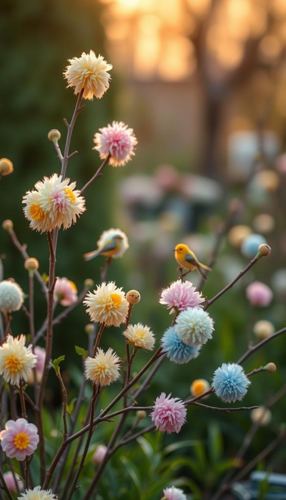 Vibrant pompom flowers in various pastel colors delicately arranged on slender branches, creating a charming display. The foreground features fluffy pompom blooms in soft pinks, yellows, and blues, juxtaposed with tiny, playful birds perched among the branches. The middle contains lush greenery, enhancing the freshness of spring, while the background showcases a softly blurred garden setting bathed in warm, golden sunlight, creating a cozy atmosphere. Use a shallow depth of field to focus on the flowers and birds while giving a sense of depth. The overall mood is cheerful and inspiring, reflecting a DIY aesthetic perfect for spring projects. Capture this scene in a Pinterest-worthy style that resonates with the brand "KlickKiste".