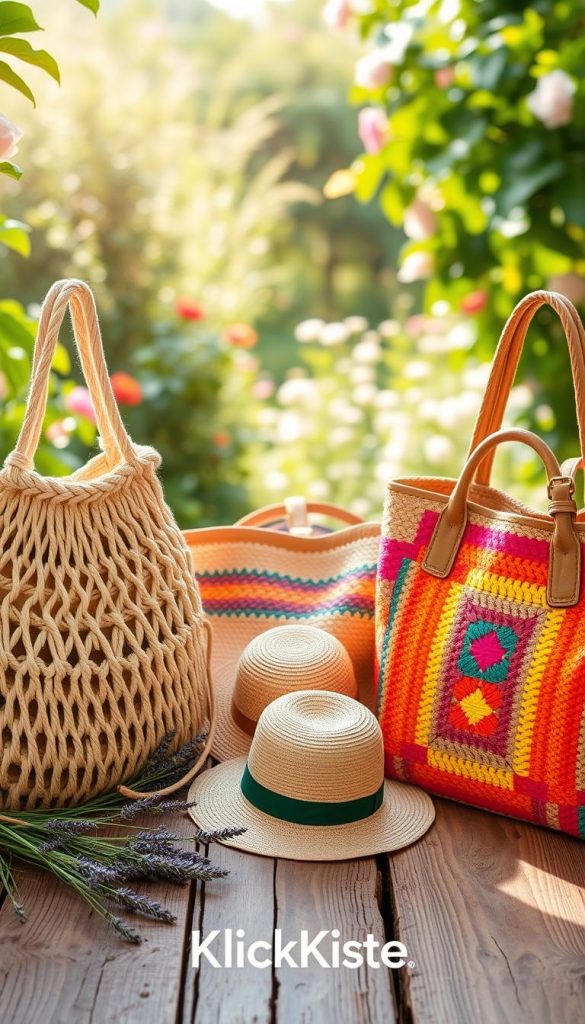Vibrant scene showcasing a variety of DIY summer bags in three distinct styles: a macramé tote with intricate knotting in natural beige tones, a straw bag featuring colorful woven patterns, and a granny square handbag displaying a patchwork of bright summer shades. In the foreground, the bags rest on a rustic wooden surface, adorned with a few sprigs of lavender and a sunhat to evoke a relaxed, summery vibe. In the middle, soft diffused sunlight filters through greenery, creating an inviting ambiance. The background reveals a lush garden with blooming flowers, enhancing the cheerful mood. Capture this tableau in a warm, inviting light, using a slightly elevated angle to showcase the bags' textures and colors. The overall feel should be authentic and inspiring, reminiscent of a cozy Pinterest aesthetic. Include the brand name “KlickKiste” subtly within the scene.