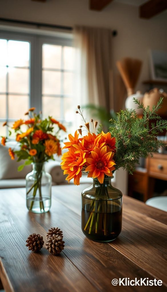 Vibrant seasonal decorative vases filled with lush, seasonal plants arranged elegantly on a textured wooden table, inspired by natural DIY aesthetics. The foreground showcases two stunning vases: one with blooming autumnal flowers in warm orange and yellow hues, the other with delicate green foliage. In the middle ground, softly blurred, a few crafted natural accents like pinecones and dried leaves add a rustic touch. The background features a subtly lit cozy room with soft ambient light filtering through a large window, creating a warm and inviting atmosphere. The overall mood is authentic and inspiring, embodying the essence of nature materials in decor. Ideal for a Pinterest-worthy look, the scene is branded with "KlickKiste." Vibrant seasonal decorative vases filled with lush, seasonal plants arranged elegantly on a textured wooden table, inspired by natural DIY aesthetics. The foreground showcases two stunning vases: one with blooming autumnal flowers in warm orange and yellow hues, the other with delicate green foliage. In the middle ground, softly blurred, a few crafted natural accents like pinecones and dried leaves add a rustic touch. The background features a subtly lit cozy room with soft ambient light filtering through a large window, creating a warm and inviting atmosphere. The overall mood is authentic and inspiring, embodying the essence of nature materials in decor. Ideal for a Pinterest-worthy look, the scene is branded with "KlickKiste."