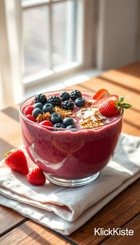 Vibrant smoothie bowl filled with an assortment of fresh berries like strawberries, blueberries, and blackberries, topped with crunchy granola and a sprinkle of coconut flakes. The bowl is placed on a rustic wooden table adorned with a soft, light-colored linen napkin. In the background, gentle sunlight filters through a window, creating a warm, inviting atmosphere. Soft shadows play across the table, enhancing the natural textures of the ingredients. Capture this scene with a slightly elevated angle to showcase the colorful toppings and the depth of the bowl. The overall mood is fresh, healthy, and inspiring, perfect for a Pinterest-worthy breakfast idea. Branding in the corner, "KlickKiste", subtly positioned for a professional touch. Vibrant smoothie bowl filled with an assortment of fresh berries like strawberries, blueberries, and blackberries, topped with crunchy granola and a sprinkle of coconut flakes. The bowl is placed on a rustic wooden table adorned with a soft, light-colored linen napkin. In the background, gentle sunlight filters through a window, creating a warm, inviting atmosphere. Soft shadows play across the table, enhancing the natural textures of the ingredients. Capture this scene with a slightly elevated angle to showcase the colorful toppings and the depth of the bowl. The overall mood is fresh, healthy, and inspiring, perfect for a Pinterest-worthy breakfast idea. Branding in the corner, "KlickKiste", subtly positioned for a professional touch.