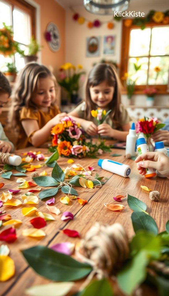 Vibrant spring crafting scene featuring children engaged in creating decor with natural materials like leaves and flowers, embodying creativity and sustainability. In the foreground, a wooden crafting table scattered with colorful petals, green leaves, twine, and glue sticks, capturing a playful, inventive spirit. In the middle, young hands arranging the materials into vibrant floral arrangements, with expressions of joy and curiosity. In the background, soft natural light filtering in through a window, illuminating a cozy, warmly colored room adorned with spring-themed decorations, enhancing the inviting atmosphere. This image should evoke feelings of inspiration and authenticity, reminiscent of a Pinterest aesthetic, branded with "KlickKiste."