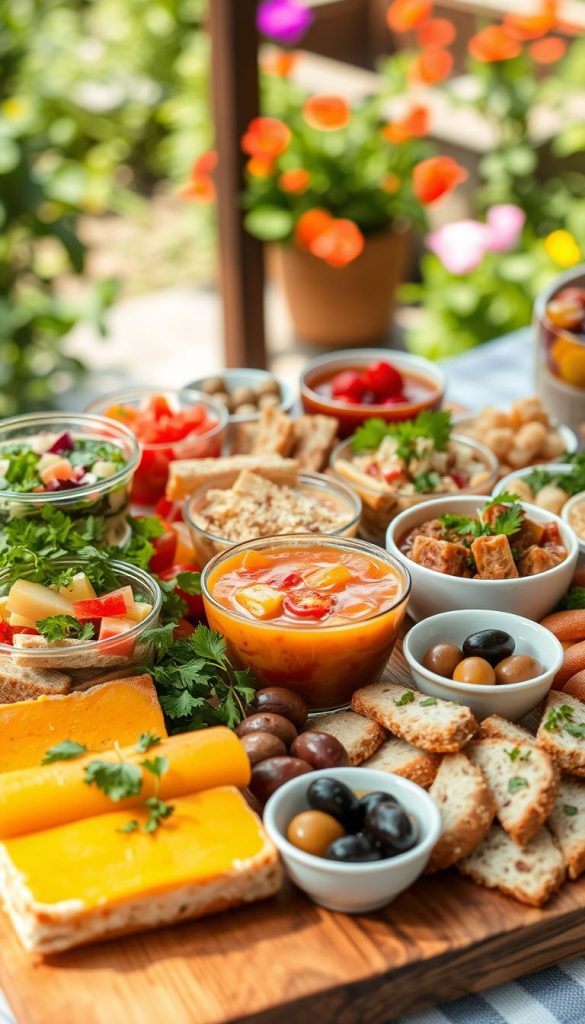 Vibrant summer platter featuring an array of cold dishes, including colorful salads, refreshing cold soups in elegant bowls, neatly arranged sandwiches with fresh ingredients, and a variety of antipasti like olives and cheeses. The foreground showcases a beautifully presented wooden board filled with these dishes, sprinkled with fresh herbs for a pop of green. In the middle, a soft, natural light highlights the textures and colors, giving the food a fresh, inviting look. The background features a blurred garden setting, enhancing the summery atmosphere. The overall mood is warm and inviting, evoking a sense of relaxation and enjoyment. This image should embody the inspiration of summer dining, with a Pinterest-worthy aesthetic. Capture this scene for "KlickKiste."