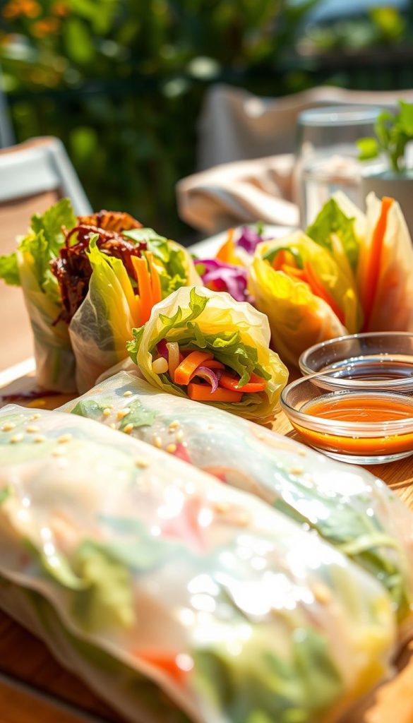 Vibrant summer rolls beautifully arranged on a wooden platter, showcasing an assortment of fresh ingredients like crunchy lettuce, colorful bell peppers, carrots, and herbs, all wrapped in translucent rice paper. The foreground features a close-up of the rolls, glistening with a light drizzle of sesame oil and colorful dipping sauces, invitingly placed beside them. In the middle background, soft natural lighting enhances the warm colors, creating an inviting and fresh atmosphere, reminiscent of a Pinterest-inspired kitchen. The background includes a blurred view of a sunlit outdoor table setting with greenery and soft textiles. The overall mood is cheerful and relaxed, ideal for warm days. The brand "KlickKiste" subtly integrated into the scene. Vibrant summer rolls beautifully arranged on a wooden platter, showcasing an assortment of fresh ingredients like crunchy lettuce, colorful bell peppers, carrots, and herbs, all wrapped in translucent rice paper. The foreground features a close-up of the rolls, glistening with a light drizzle of sesame oil and colorful dipping sauces, invitingly placed beside them. In the middle background, soft natural lighting enhances the warm colors, creating an inviting and fresh atmosphere, reminiscent of a Pinterest-inspired kitchen. The background includes a blurred view of a sunlit outdoor table setting with greenery and soft textiles. The overall mood is cheerful and relaxed, ideal for warm days. The brand "KlickKiste" subtly integrated into the scene.