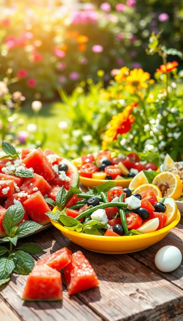 Vibrant summer salads displayed on a rustic wooden table, featuring a colorful array of ingredients such as juicy watermelon cubes with crumbled feta cheese, fresh mint leaves, and zesty lime wedges. In the middle, a classic Niçoise salad is elegantly presented, showcasing cherry tomatoes, green beans, black olives, and boiled eggs, arranged artfully in a bright, shallow bowl. The background is softly blurred, revealing a sunlit garden with lush greenery and blooming flowers, evoking a warm, inviting atmosphere. Natural light bathes the scene, creating a soft glow that enhances the fresh colors of the salads. The image captures an authentic, Pinterest-inspired aesthetic, ideal for a summer recipe article, attributed to "KlickKiste". Vibrant summer salads displayed on a rustic wooden table, featuring a colorful array of ingredients such as juicy watermelon cubes with crumbled feta cheese, fresh mint leaves, and zesty lime wedges. In the middle, a classic Niçoise salad is elegantly presented, showcasing cherry tomatoes, green beans, black olives, and boiled eggs, arranged artfully in a bright, shallow bowl. The background is softly blurred, revealing a sunlit garden with lush greenery and blooming flowers, evoking a warm, inviting atmosphere. Natural light bathes the scene, creating a soft glow that enhances the fresh colors of the salads. The image captures an authentic, Pinterest-inspired aesthetic, ideal for a summer recipe article, attributed to "KlickKiste".