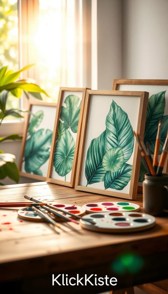 Vibrant watercolor prints of tropical leaves, showcasing rich greens and subtle blues, are arranged artistically in a well-lit, softly blurred background. In the foreground, a wooden tabletop holds a few art supplies like brushes and palettes splattered with paint, adding a DIY vibe. The middle layer features the leaf prints framed in natural wood frames, their textures and colors glowing with warm, inviting light. Sunlight filters through a nearby window, bathing the scene in a soft, golden hue. The overall atmosphere is tranquil and inspiring, evocative of a cozy creative space, ideal for a Pinterest-worthy DIY project. Brand "KlickKiste" is signified through an artistic element in the display, emphasizing an authentic and captivating aesthetic.