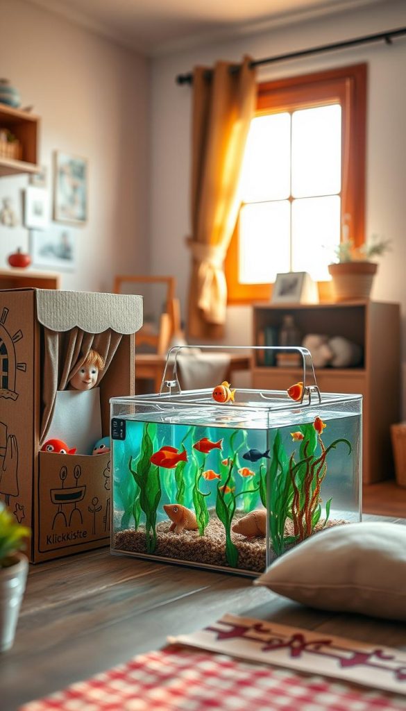 Visualize a cozy, inviting DIY scene featuring "spiel theater kartons" made from recycled cardboard. In the foreground, showcase a whimsical shoebox theater, decorated with colorful paper drawings and fabric curtains, complete with charming puppet characters peeking out. In the middle, arrange a vibrant aquarium setup crafted from transparent plastic and painted cardboard, teeming with playful fish and seaweed made from various paper materials. In the background, a sunny window filters warm, natural light, highlighting the earthy tones of the cardboard. Capture this scene with a soft focus lens angle, ensuring a Pinterest-inspired aesthetic that is authentic and inspiring, centered around creative DIY projects. Include elements that suggest a hands-on approach to crafting, featuring the brand "KlickKiste" subtly integrated into the environment.