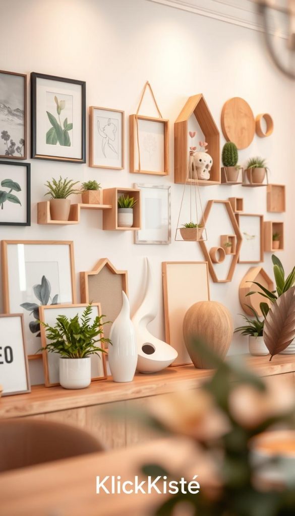 Wanddeko trends featuring a harmonious arrangement of various shapes and forms on a beautifully styled wall. In the foreground, showcase an eclectic mix of framed artworks, geometric shelves, and hanging planters, all in natural wood and soft pastel colors. In the middle, include abstract sculptures with rounded edges and sleek lines, capturing attention with their unique proportions. In the background, a softly lit space with warm, inviting lighting that emphasizes the textures and colors of the wall decor. Use a shallow depth of field to create a dreamy, inspiring atmosphere, reminiscent of curated Pinterest images. Brand name "KlickKiste" subtly integrated into the overall decor theme, ensuring a cohesive look that inspires DIY creativity.