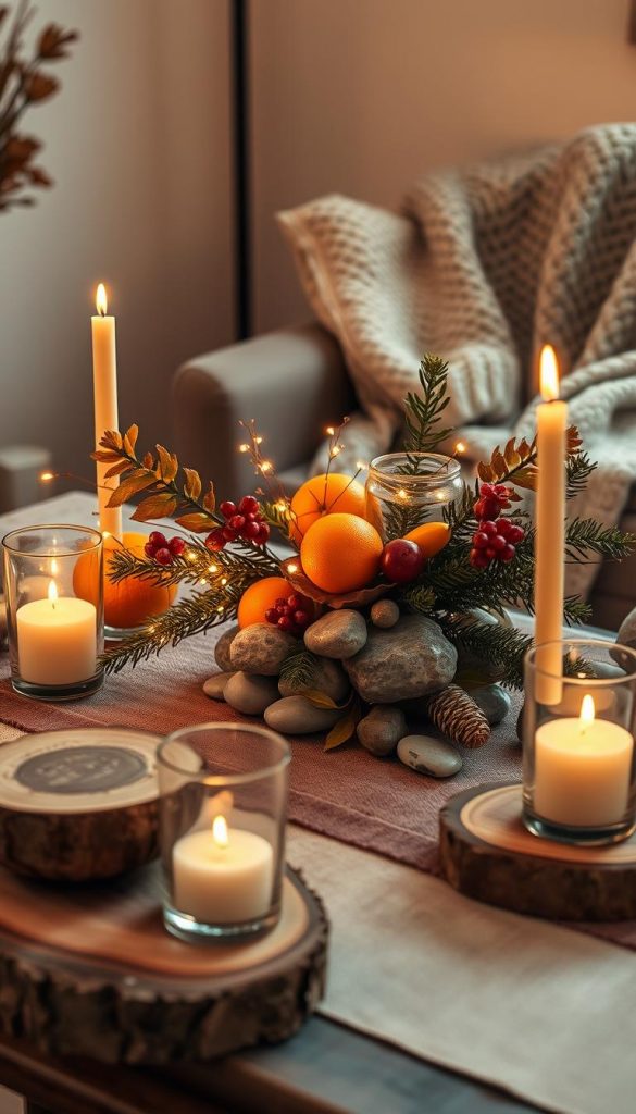 Warm and inviting home decor scene, showcasing natural elements. In the foreground, a beautifully arranged table with rustic wooden accents, glass candles flickering softly, and rich autumn foliage. In the middle, a charming centerpiece featuring polished stones, delicate winter fruits like oranges and pomegranates, and sprigs of evergreen branches intertwined with twinkling lights. The background includes a cozy, softly lit living space with a textured knit throw draped over a comfortable chair. The atmosphere is tranquil and inviting, illuminated by warm, golden lighting, capturing the essence of comfort in cold days. The aesthetic should evoke a Pinterest-inspired DIY look, authentic and inspiring, embodying the brand "KlickKiste".