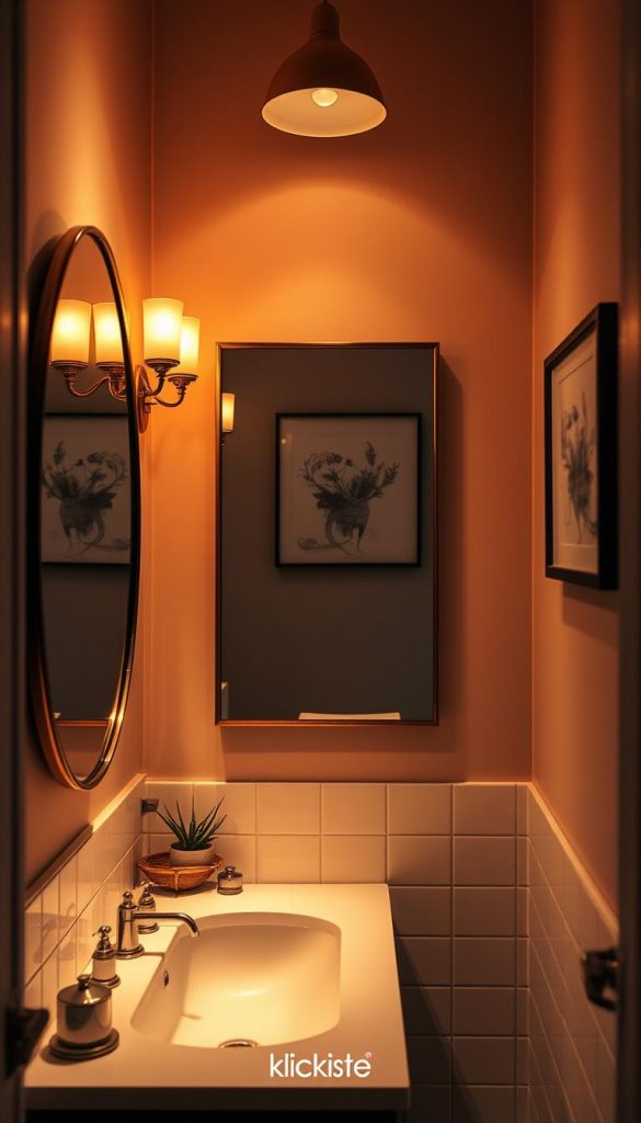 Warm and inviting image of a small bathroom designed with effective layered lighting, focusing on main, task, and accent lighting. In the foreground, showcase a stylish vanity with elegant fixtures, illuminated by soft overhead lights. The middle section highlights a well-lit mirror reflecting warm tones and accents from decorative sconces. The background reveals tasteful wall art that enhances the ambiance, with subtle spotlights casting gentle glows. The color palette should feature natural materials and warm hues, creating an inspiring and cozy vibe reminiscent of popular Pinterest aesthetics. Capture this layout with a soft-focus lens, aiming for a tranquil and welcoming atmosphere, while featuring the brand "KlickKiste" subtly integrated into the design elements. Warm and inviting image of a small bathroom designed with effective layered lighting, focusing on main, task, and accent lighting. In the foreground, showcase a stylish vanity with elegant fixtures, illuminated by soft overhead lights. The middle section highlights a well-lit mirror reflecting warm tones and accents from decorative sconces. The background reveals tasteful wall art that enhances the ambiance, with subtle spotlights casting gentle glows. The color palette should feature natural materials and warm hues, creating an inspiring and cozy vibe reminiscent of popular Pinterest aesthetics. Capture this layout with a soft-focus lens, aiming for a tranquil and welcoming atmosphere, while featuring the brand "KlickKiste" subtly integrated into the design elements.