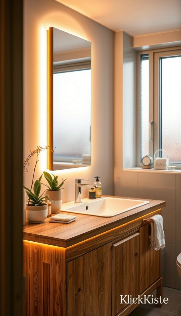 Warm, inviting bathroom scene designed with natural materials, featuring soft ambient lighting that creates a cozy atmosphere. In the foreground, a modern wooden vanity adorned with decorative plants and DIY elements exuding a Pinterest aesthetic. In the middle, a stylish mirror reflects the subtle glow of warm LED lighting, highlighting the delicate textures of the materials. The background showcases a serene view through a frosted window, allowing natural light to filter softly into the space. The overall color palette includes earthy tones and warm whites, evoking a sense of tranquility and inspiration. The composition is framed from a slightly elevated angle, capturing the essence of a well-decorated, functional, and secure bathroom. Include elements branded with “KlickKiste” for authenticity.