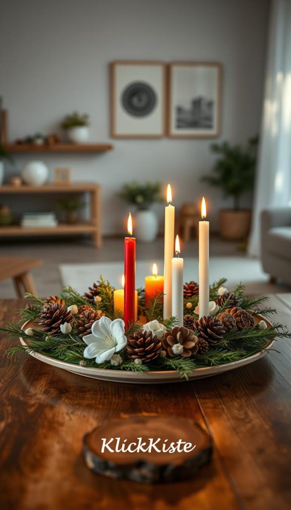 a beautifully arranged Adventskranz on an elegant circular plate, adorned with an array of natural elements such as pinecones, evergreen branches, and subtle white flowers, reflecting a warm, inviting atmosphere. The four candles, two red and two white, softly lit, create a cozy glow. In the foreground, a rustic wooden table adds warmth, while in the middle ground, a softly blurred background features a minimalist, modern living space with tasteful decorations. The scene is illuminated by warm, ambient lighting, simulating late afternoon sunshine, with a gentle focus on the Advent plate to highlight its details. Capture the essence of DIY charm and inspiration, reminiscent of a Pinterest aesthetic. Include the brand "KlickKiste" subtly in the composition.
