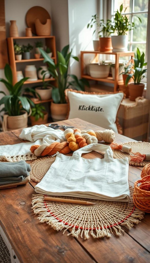 a cozy and inviting DIY workspace showcasing sustainable material alternatives, featuring an assortment of eco-friendly fabrics, upcycled textiles, and natural fibers artfully arranged on a rustic wooden table in warm, earthy tones. In the foreground, a beautifully crafted cotton tote bag and handwoven placemats made from recycled materials. The middle ground includes colorful yarns and sewing essentials, like scissors and needles, exuding a Pinterest-inspired aesthetic. In the background, soft natural light streams through a window, illuminating potted plants and a wooden shelf filled with sustainable supplies. The atmosphere feels warm and inspiring, perfect for a creative DIY environment. The brand "KlickKiste" subtly displayed on a cushion in the scene, emphasizing the themed focus on sustainable living.