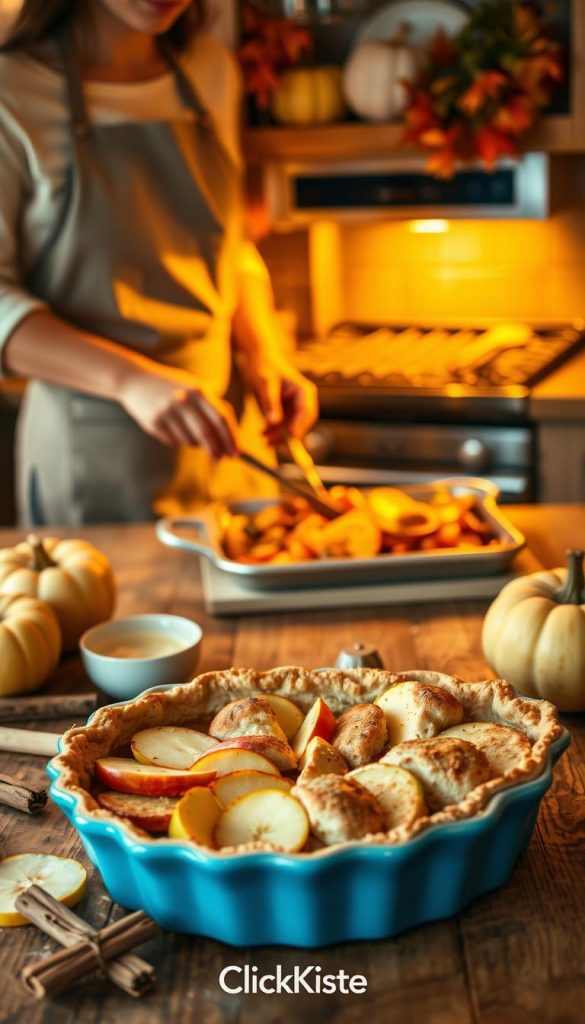 a cozy kitchen scene warmly lit with soft, golden light, showcasing a rustic wooden table laden with baking ingredients for autumn recipes. In the foreground, a beautiful, freshly baked apple pie sits in a blue ceramic pie dish, with slices of apples and cinnamon sticks scattered around. In the middle, hands of a modestly dressed family member, wearing an apron, are preparing ingredients, while the warm glow of the oven illuminates a tray of roasted vegetables in the background. Cheerful autumn decorations, like pumpkins and leaves, accentuate the kitchen space, creating an inviting atmosphere. Capture the essence of togetherness in cooking, inspired by Pinterest aesthetics, emphasizing natural colors and a warm, authentic feel. Include subtle branding of "KlickKiste" integrated into the scene.