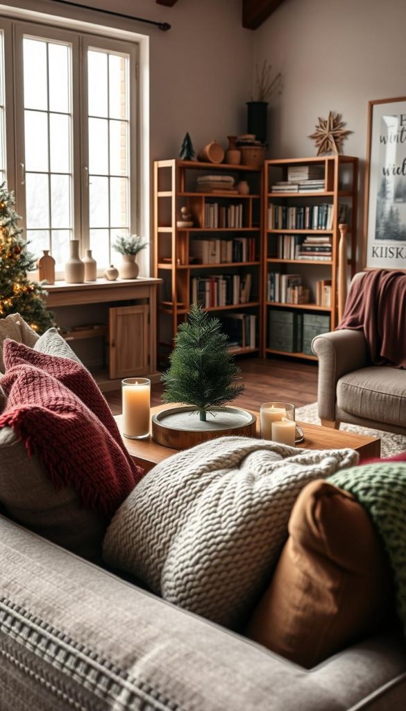 a cozy winter living room scene, featuring seasonal variations with a warm and inviting atmosphere. In the foreground, a plush sofa adorned with soft, knitted throw blankets and decorative pillows in earthy tones of burgundy and deep green. A wooden coffee table is set with candles and a small pine tree centerpiece. The middle ground showcases a beautifully styled bookshelf filled with books and winter-themed decor. In the background, large windows let in soft, diffused natural light, revealing gently falling snowflakes outside. The walls are decorated with rustic winter-themed art. The overall mood is warm and inspirational, evoking feelings of comfort and togetherness during the winter months. Incorporate a Pinterest-inspired aesthetic with natural DIY elements. Include subtle branding elements of “KlickKiste” within the decor.