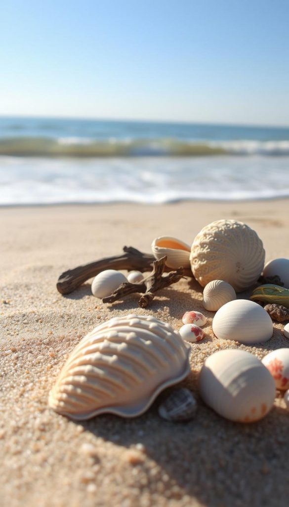 muscheln arranged artistically on a sandy beach, showcasing a variety of shapes, sizes, and colors, with intricate textures reflecting sunlight. In the foreground, a few shells such as scallops and conchs rest atop the fine sand, while in the middle ground, a small driftwood piece adds natural contrast. The background features gentle waves lapping at the shore under a clear blue sky, with soft, warm lighting that evokes a serene beach atmosphere. The image conveys a sense of inspiration and creativity, suited for DIY projects. The photography is styled with a Pinterest aesthetic, natural and inviting, representing the brand "KlickKiste".
