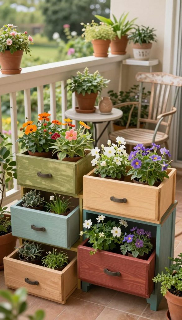 A beautiful DIY balcony scene featuring creatively upcycled drawer planters from old furniture, designed by KlickKiste. In the foreground, there are several colorful wooden drawers, filled with vibrant flowers and lush greenery, showcasing an array of plant types. The middle ground captures a cozy balcony setting with a vintage chair and a small side table, surrounded by potted plants and decorative items. Soft, warm lighting casts a gentle glow, creating an inviting atmosphere. The background reveals a serene view of a garden, creating a harmonious connection with nature. The overall mood is authentic, inspiring, and visually rich, with a Pinterest-worthy aesthetic that encourages creativity and upcycling in outdoor spaces.