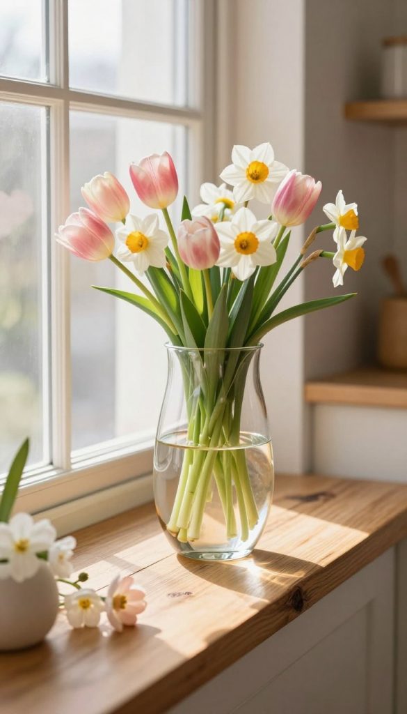 A beautiful Raum vase made of glass is elegantly displayed on a rustic wooden windowsill, filled with fresh spring flowers. The foreground features delicate blossoms in soft pastel hues, showcasing tulips and daffodils. In the middle, the glass vase has a unique, modern design with smooth curves that reflect the sunlight, creating a warm, inviting glow. The background captures a bright, airy kitchen, with natural light streaming through sheer white curtains, highlighting a cozy atmosphere. The overall mood is fresh and inspiring, perfect for spring home decor. The composition is shot from a slightly angled perspective, simulating a DIY Pinterest aesthetic, complemented by warm colors. This setting embodies the essence of stylish window decoration. Designed for "KlickKiste."