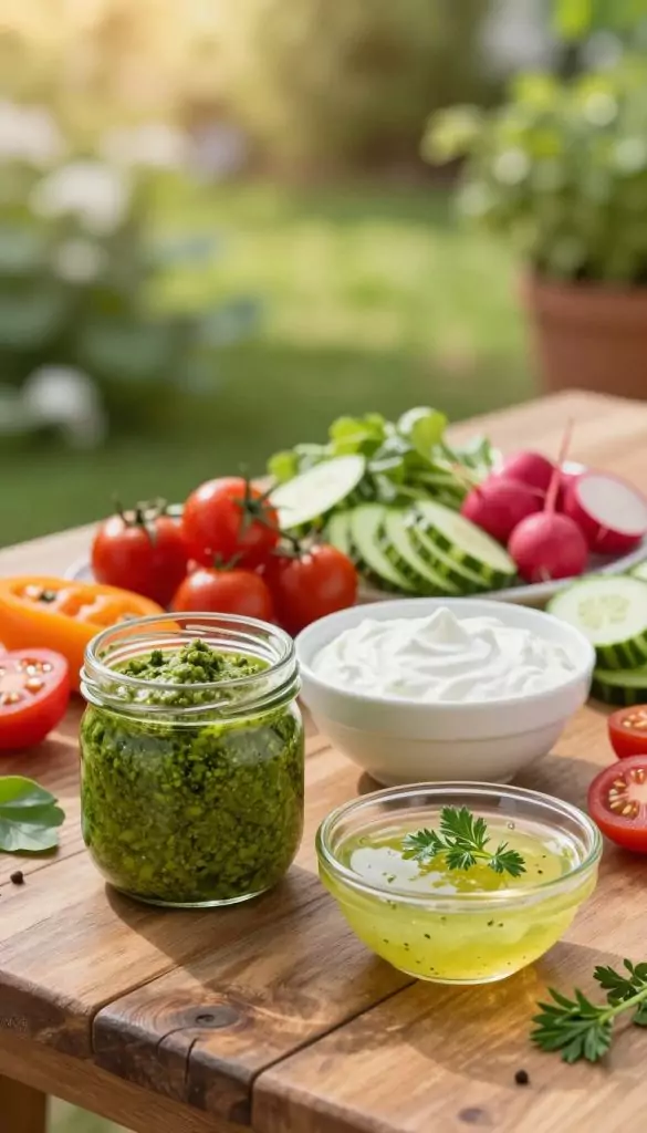 A beautiful and inviting display of various dressings and toppings for summer salads, arranged artistically on a rustic wooden table. In the foreground, a glass jar filled with vibrant green pesto, a bowl of creamy yogurt dressing, and a small dish of tangy vinaigrette, garnished with fresh herbs. The middle ground showcases colorful vegetables like cherry tomatoes, thinly sliced cucumbers, and radishes, creating a rainbow of colors. The background features a soft-focus garden scene with lush greenery, adding a fresh, natural ambiance. The lighting is warm and golden, mimicking late afternoon sunlight. This scene captures an authentic, DIY aesthetic, perfect for a Pinterest-inspired article. Sponsored by KlickKiste.