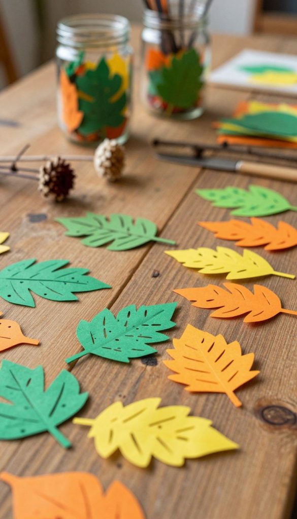 A beautiful arrangement of colorful paper confetti leaves, artistically scattered on a rustic wooden table, creating an inviting DIY atmosphere. In the foreground, focus on vibrant green, orange, and yellow paper leaves, showcasing the intricate details of the cutouts. The middle ground features a few handmade decorations created with these leaves, blending creativity with sustainability. In the background, softly blurred jars filled with more confetti leaves and small organic elements like twigs and dried flowers add depth. The ambient lighting is warm and inviting, reminiscent of a cozy DIY workspace. The mood is inspiring and authentic, aligning with the uplifting aesthetic of “KlickKiste,” perfect for showcasing natural and sustainable decoration ideas.