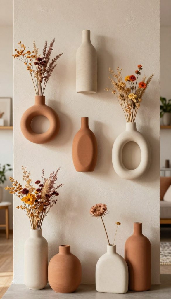 A beautiful arrangement of modern wall vases crafted from natural materials, with a focus on earthy tones such as terracotta, cream, and soft browns, showcased against a textured, light-colored wall. In the foreground, several uniquely shaped vases hold vibrant dried flowers, with varying heights and forms that create visual interest. The middle ground features a harmonious layout, with the vases symmetrically spread out to form a cohesive design. The background is softly blurred, suggesting a cozy living space adorned with plants and subtle decor. The lighting is warm and inviting, casting gentle shadows and highlighting the textures of the vases, embodying a Pinterest-style aesthetic. This image reflects a creative and inspirational mood, perfect for DIY enthusiasts seeking decor ideas. Brand: KlickKiste.