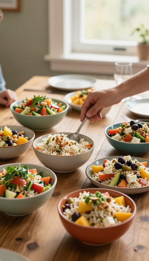A beautiful array of variations of rice salad displayed on a rustic wooden table, creating an inviting family atmosphere. In the foreground, colorful bowls filled with different rice salad combinations: one with fresh vegetables and herbs, another with sweet fruits and nuts, and one featuring Mediterranean ingredients like olives and feta cheese. In the middle, a hand reaches for a serving spoon, enhancing the family-style sharing vibe. In the background, soft, warm natural light filters through a window, casting gentle shadows and highlighting the vibrant colors of the ingredients. The scene should evoke a cozy, wholesome mood, perfect for a family gathering, emphasizing the tagline "KlickKiste" subtly integrated into the table setting, without any text overlays.