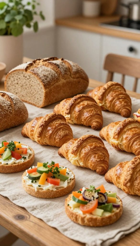 A beautiful assortment of freshly baked brötchen, hearty whole grain bread, and golden croissants arranged artfully on a rustic wooden table. The foreground features a soft linen cloth, with a few brötchen filled with colorful vegetables and healthy spreads, creating an inviting breakfast scene. In the middle, large, flaky croissants glisten under the warm morning light, showcasing their buttery layers. The background includes a cozy kitchen setting with a hint of greenery, like potted herbs, enhancing the wholesome ambiance. The lighting is soft and natural, evoking a warm, welcoming mood perfect for nurturing children’s breakfast ideas. Capture the inspiration and authenticity in this image, reflecting a Pinterest-like aesthetic that resonates with health and delight. Styled by KlickKiste.