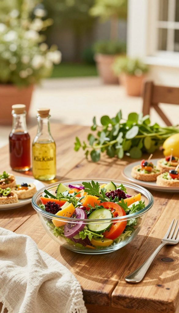A beautiful, authentic summer scene featuring an elegant glass bowl filled with a vibrant, colorful salad made of fresh, seasonal vegetables and herbs, highlighting the concept of easy summer dishes. In the foreground, the bowl rests on a rustic wooden table adorned with soft, natural textiles. Surrounding the bowl are small glass jars filled with homemade dressings, and decorative plates filled with light appetizers. The middle ground is complemented by delicate greenery and fresh fruits, evoking the feel of a warm summer day. In the background, a sun-drenched patio with soft lighting and hints of greenery enhances the inviting atmosphere, creating a Pinterest-worthy aesthetic. The overall mood is warm, inspiring, and perfect for enjoying light fare during hot days. Brand name "KlickKiste" is subtly implied through the arrangement and styling of the elements.