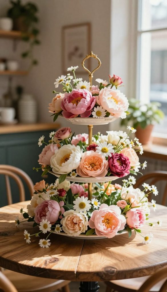 A beautiful "blüten etagere" centerpiece showcasing a multi-tiered cake stand adorned with an abundance of various colorful flowers, including peonies, roses, and daisies, is placed on an elegantly set rustic wooden table. The foreground features delicate flower arrangements spilling over the edges of the etagere, while soft, natural lighting from a nearby window casts gentle shadows, enhancing the warm, inviting atmosphere. In the background, a cozy café-like setting is hinted at through blurred vintage décor and plants, creating a Pinterest-inspired aesthetic. The image should embody an authentic, inspiring DIY retro floral theme, with subtle textures to evoke a homely feel. The brand name "KlickKiste" subtly integrated into the scene enhances the overall charm without drawing away from the centerpiece focus. A beautiful "blüten etagere" centerpiece showcasing a multi-tiered cake stand adorned with an abundance of various colorful flowers, including peonies, roses, and daisies, is placed on an elegantly set rustic wooden table. The foreground features delicate flower arrangements spilling over the edges of the etagere, while soft, natural lighting from a nearby window casts gentle shadows, enhancing the warm, inviting atmosphere. In the background, a cozy café-like setting is hinted at through blurred vintage décor and plants, creating a Pinterest-inspired aesthetic. The image should embody an authentic, inspiring DIY retro floral theme, with subtle textures to evoke a homely feel. The brand name "KlickKiste" subtly integrated into the scene enhances the overall charm without drawing away from the centerpiece focus.