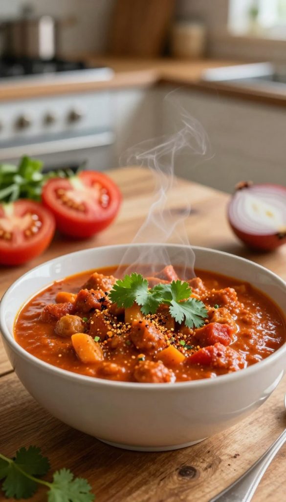 A beautiful bowl of red lentil curry with a rich tomato sauce sits in the foreground, steaming gently to evoke warmth and comfort. The curry is garnished with fresh cilantro leaves and a sprinkle of spices, showcasing vibrant orange and red hues. A rustic wooden table forms the middle ground, with hints of fresh vegetables like chopped tomatoes and a sliced onion arranged artfully beside the bowl. In the background, a softly blurred kitchen scene reveals warm, inviting light, creating a cozy atmosphere. The image should have a Pinterest aesthetic, with warm colors that feel natural and inspiring. Captured with a soft-focus lens effect to enhance the inviting mood, this image depicts a perfect vegetarian and vegan meal, embodying the essence of healthy cooking. Include the brand name "KlickKiste" subtly in the design of the bowl.