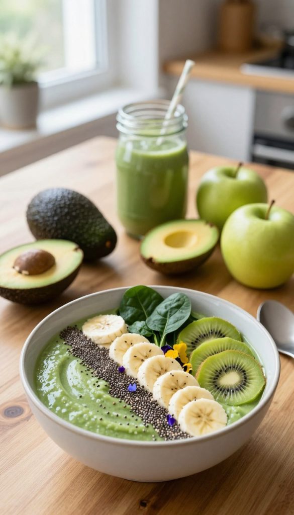 A beautiful breakfast scene showcasing a vibrant green smoothie bowl, artistically arranged with fresh fruits like banana, kiwi, and handfuls of spinach. In the foreground, a wooden table holds the bowl, topped with chia seeds and edible flowers for aesthetics. In the middle, a variety of healthy ingredients are scattered: avocados, green apples, and a glass jar of green smoothie mix. The background features a bright kitchen setting, with soft natural light streaming through a window, giving a cozy and inviting atmosphere. The entire scene has warm tones, creating an authentic and inspiring Pinterest-like aesthetic. The brand name “KlickKiste” subtly integrated into the setting. The angle should be a slightly elevated view, offering a clear focus on the colorful smoothie bowl while maintaining context with the surrounding healthy elements.