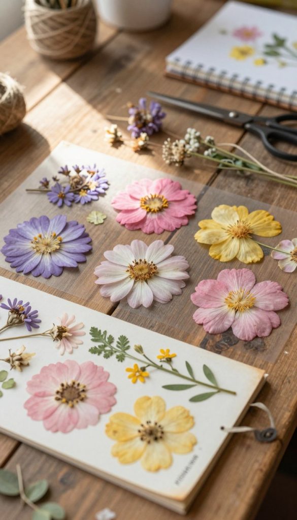 A beautiful flat lay of pressed flowers arranged artfully on a rustic wooden table, showcasing a variety of blossoms in soft pastel shades of pink, lavender, and yellow. The foreground features an open, gently worn botanical press displaying vibrant petals and delicate greenery, hinting at a DIY project. In the middle ground, a selection of scattered dried flowers and twine pulls the viewer's eye across the composition, while subtle hints of sunlight filter through, casting warm, inviting light. The background includes softly blurred elements of crafting materials, like scissors and a notebook, enhancing the artistic atmosphere. The overall mood is serene and inspiring, embodying the essence of DIY floral art projects. Capture this image with a shallow depth of field, ensuring the focus is crisp on the pressed flowers. Include the brand "KlickKiste" subtly integrated into the design.