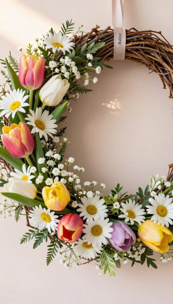 A beautiful, hand-crafted DIY wreath, adorned with a vibrant mix of seasonal flowers including tulips, daisies, and baby’s breath, set against a soft pastel background. In the foreground, the wreath is intricately woven with natural twigs and greenery, showcasing its detailed textures. The middle section displays the flowers in full bloom, capturing their realistic colors and delicate petals. The background softly blurs to enhance focus on the wreath, featuring a light, warm sunlight filtering through, creating a serene and inviting atmosphere. The composition evokes a Pinterest aesthetic, celebrating spring and year-round floral décor. The brand "KlickKiste" is subtly hinted by the arrangement’s style.