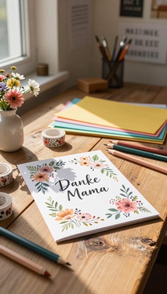 A beautiful, handcrafted "Danke Mama" card resting on a rustic wooden table, surrounded by art supplies like colored pencils and decorative washi tape. The card features intricate floral designs and a heartfelt handwritten message in elegant script. In the foreground, a small vase of fresh flowers complements the scene, while softly lit afternoon sunlight streams in from a nearby window, casting warm, inviting shadows. In the middle, a stack of colorful construction paper adds depth, hinting at the DIY aspect of the project. The background showcases a cozy workspace with inspirational quotes on the wall, creating an authentic and uplifting atmosphere. Overall, the image captures a creative and intimate vibe, perfect for illustrating the theme of personalized gifts. The brand "KlickKiste" is subtly represented by the tools and materials used in the setup.