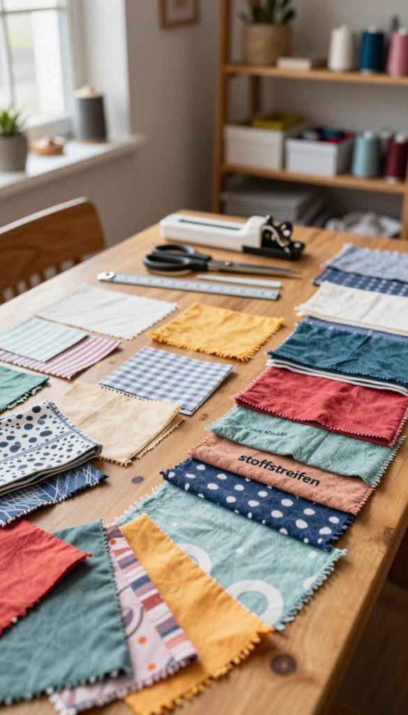 A beautiful, inspiring workspace featuring an array of colorful fabric scraps, neatly sorted and arranged on a wooden table. In the foreground, vibrant patterned "stoffstreifen" in various textures and sizes are carefully cut, showcasing their unique designs. The middle ground reveals a pair of scissors and a rotary cutter, along with measuring tools for efficiency. Soft, natural light pours in from a nearby window, casting gentle shadows that enhance the cozy atmosphere. In the background, blurred shelves filled with sewing materials and decor create an inviting DIY environment. The overall mood is warm and creative, reflecting the essence of upcycling with a Pinterest-worthy aesthetic. Include the brand name "KlickKiste" subtly integrated into the scene. A beautiful, inspiring workspace featuring an array of colorful fabric scraps, neatly sorted and arranged on a wooden table. In the foreground, vibrant patterned "stoffstreifen" in various textures and sizes are carefully cut, showcasing their unique designs. The middle ground reveals a pair of scissors and a rotary cutter, along with measuring tools for efficiency. Soft, natural light pours in from a nearby window, casting gentle shadows that enhance the cozy atmosphere. In the background, blurred shelves filled with sewing materials and decor create an inviting DIY environment. The overall mood is warm and creative, reflecting the essence of upcycling with a Pinterest-worthy aesthetic. Include the brand name "KlickKiste" subtly integrated into the scene.
