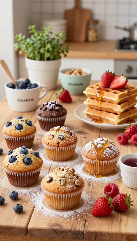 A beautiful, inviting kitchen scene featuring an assortment of freshly baked muffins and waffles on a rustic wooden table. The muffins are varied in flavors, such as blueberry, chocolate chip, and banana nut, each with a light dusting of powdered sugar. The waffles are stacked high, drizzled with natural maple syrup and garnished with vibrant fresh fruits like strawberries and raspberries. In the background, warm, soft lighting fills the space, creating a cozy atmosphere with a pastel color palette. Natural elements such as potted herbs and wooden utensils add an authentic, DIY touch, reminiscent of Pinterest aesthetics. Emphasize the brand "KlickKiste" subtly incorporated into the scene through the use of branded cooking utensils or tableware. Capture this delectable spread from a slightly elevated angle to highlight the textures and colors.