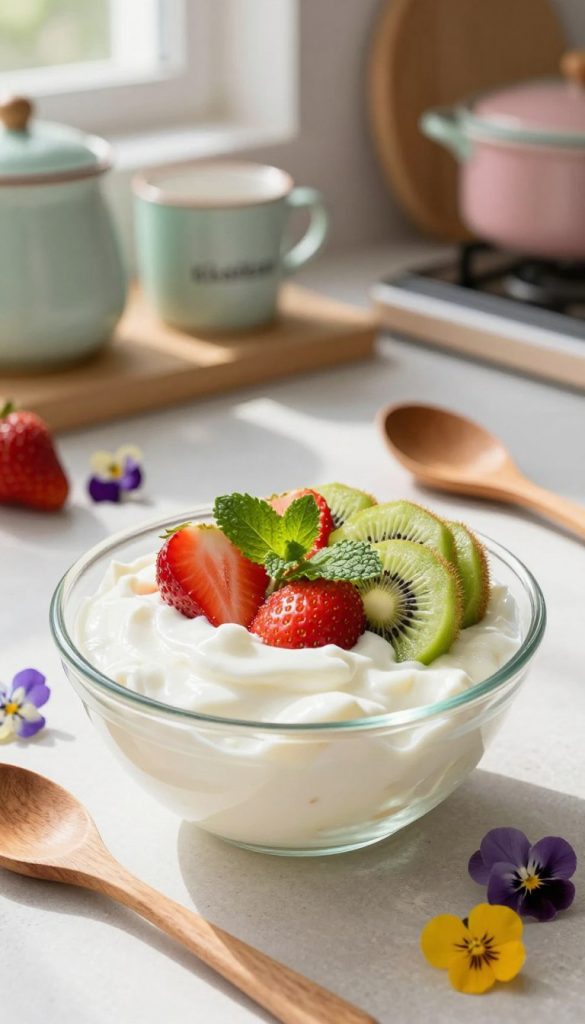 A beautiful, inviting scene of a homemade quark yogurt dessert, artfully arranged in a rustic glass bowl. The foreground features a creamy layer of quark yogurt topped with fresh seasonal fruits like strawberries, kiwi, and a sprinkle of mint leaves. The middle ground includes a wooden spoon and a few scattered edible flowers, enhancing the springtime feel. The background features a soft-focus kitchen countertop with pastel-colored kitchenware, evoking a warm, cozy atmosphere. Natural light streams in from a nearby window, casting gentle shadows and highlighting the textures of the ingredients. The overall mood is fresh, light, and inspired by DIY aesthetics. Brand name "KlickKiste" subtly integrated into the scene through branding on the kitchenware, reflecting a Pinterest-worthy look.