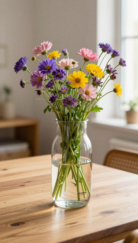 A beautiful "pflege vase glas" by KlickKiste, elegantly placed on a wooden table. The foreground features the vase filled with vibrant, freshly cut wildflowers, showcasing a mix of colors like deep purples, soft pinks, and sunny yellows. In the middle, the vase has a sleek, modern design with gentle curves and a transparent glass that reflects light beautifully. The background includes a softly blurred, sunlit room with warm, natural tones, enhancing the inviting atmosphere. The scene is illuminated by gentle, diffused natural light coming from a nearby window, creating a cozy, inspiring mood. The focus is on the care and aesthetics of daily use, embodying a modern DIY spirit with a Pinterest-inspired warmth.