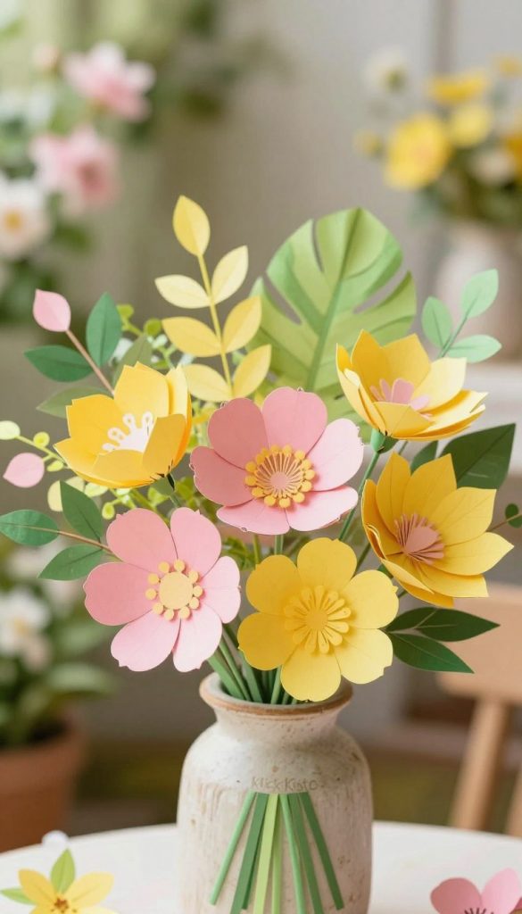 A beautiful spring bouquet of handmade paper flowers, featuring vibrant colors like soft pinks, yellows, and greens. The composition should showcase these intricate flowers in the foreground, arranged artfully in a rustic vase. In the middle ground, add details like leafy greenery and delicate paper petals softly illuminated by warm, natural light, evoking a fresh and inviting atmosphere. The background should feature a blurred garden scene with hints of blooming plants to enhance the springtime feel. The overall mood is cheerful and inspiring, perfect for a DIY gift. Incorporate the brand name "KlickKiste" subtly within the design. Use a shallow depth of field to focus on the bouquet while softly blurring the background for a cozy, Pinterest-like aesthetic.