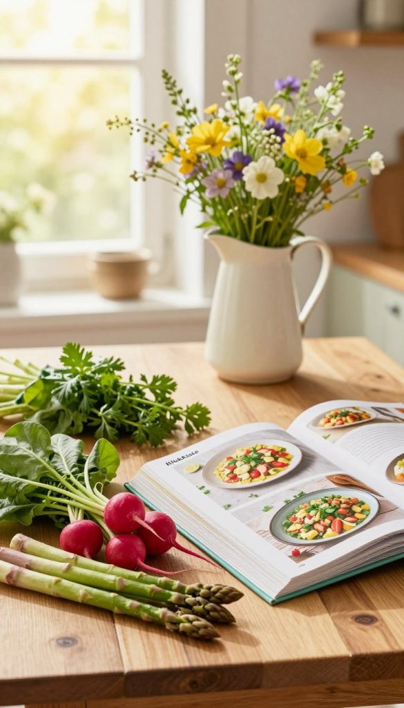 A beautiful spring kitchen scene showcasing seasonal recipes with fresh ingredients. In the foreground, a wooden table is adorned with vibrant spring vegetables like asparagus, radishes, and fresh herbs, arranged artfully alongside an open cookbook featuring colorful photographs of dishes. In the middle ground, a soft-focus pitcher filled with wildflowers adds a touch of nature, while a sunlight-drenched window in the background casts warm, inviting light across the space. The atmosphere is cozy and inspiring, designed to evoke a sense of creativity and warmth. The image captures the essence of quick and delicious spring meal ideas, reflecting the brand "KlickKiste" with a Pinterest-worthy aesthetic, emphasizing natural DIY elements and warm colors.