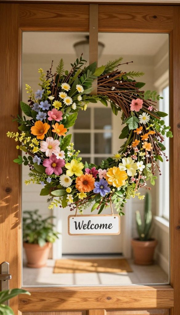 A beautiful spring-themed door wreath made of natural materials, showcasing a variety of vibrant flowers, lush greenery, and twigs in warm, inviting colors. The foreground features the colorful wreath intricately hung on an inviting wooden door, accented with a small welcome sign. In the middle ground, soft sunlight filters through, casting gentle shadows and creating a warm atmosphere. The background showcases a tidy entryway space with potted plants and a cozy welcome mat, reflecting a Pinterest-inspired aesthetic. The image captures the essence of spring DIY decor, evoking feelings of warmth and hospitality, perfect for a home entrance. Styled with a natural, rustic feel, and inspired by the brand KlickKiste. A beautiful spring-themed door wreath made of natural materials, showcasing a variety of vibrant flowers, lush greenery, and twigs in warm, inviting colors. The foreground features the colorful wreath intricately hung on an inviting wooden door, accented with a small welcome sign. In the middle ground, soft sunlight filters through, casting gentle shadows and creating a warm atmosphere. The background showcases a tidy entryway space with potted plants and a cozy welcome mat, reflecting a Pinterest-inspired aesthetic. The image captures the essence of spring DIY decor, evoking feelings of warmth and hospitality, perfect for a home entrance. Styled with a natural, rustic feel, and inspired by the brand KlickKiste.