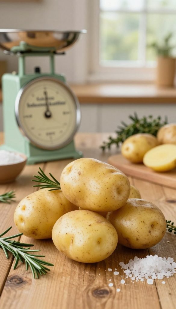 A beautiful still life composition featuring "festkochende kartoffeln" displayed prominently in the foreground, arranged on a rustic wooden table. The potatoes have a smooth, golden-brown skin with a few blemishes, giving them a natural, fresh appearance. Surrounding them are fresh herbs like rosemary and thyme, and a small bowl of coarse sea salt to emphasize their culinary potential. In the middle ground, there could be a vintage kitchen scale and a few peeled potatoes to suggest preparation. The background features a softly blurred kitchen setting with warm, natural light streaming in from a nearby window, creating a cozy, inviting atmosphere. The overall mood is authentic and inspiring, perfect for a Pinterest aesthetic, reflecting the brand "KlickKiste".